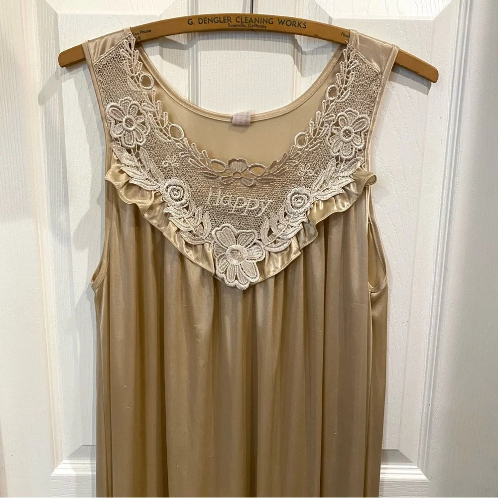 Vintage Long Champagne Satin Nightgown Embroidered Floral Appliqué Top “Happy” - Picture 4 of 17